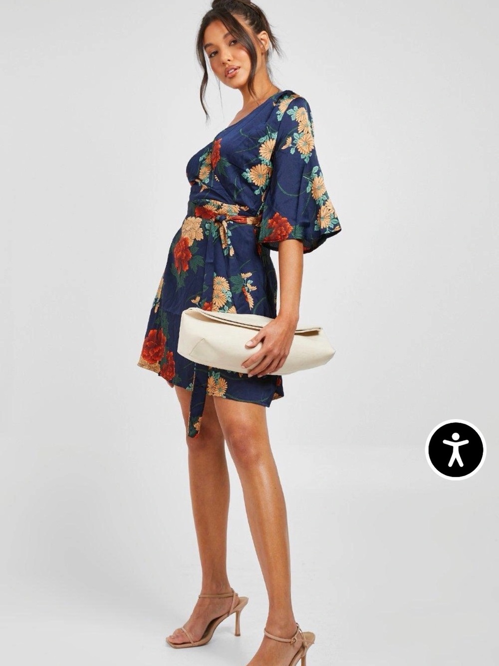 Boohoo Navy Floral Wrap Dress with Red & Beige Blooms - Picture 3 of 14